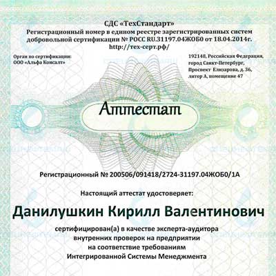 Сертификат соответствия от органа по сертификации
